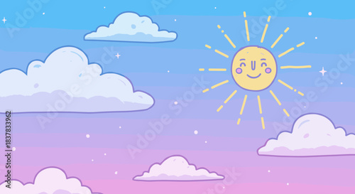 Cheerful sun smiling among fluffy clouds in a pastel sky  