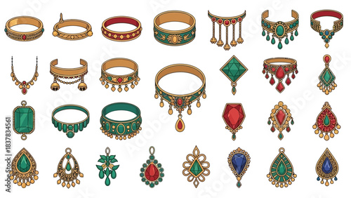 An assortment of jeweled necklaces bracelets and pendants in vivid colors on a white background