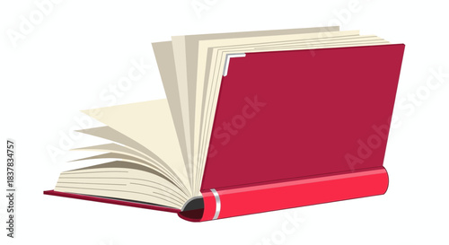Open red book with fanned pages, an illustration of knowledge.
