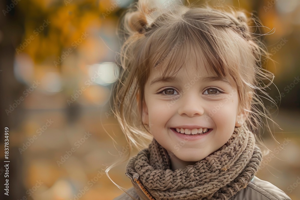 Fototapeta premium Adorable preschooler enjoying a beautiful fall day outdoors, radiating happiness and warmth
