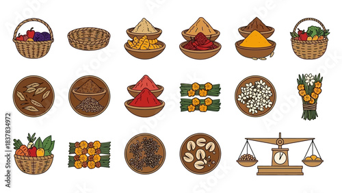 A collection of illustrations depicts various foods herbs spices flowers and a balance scale