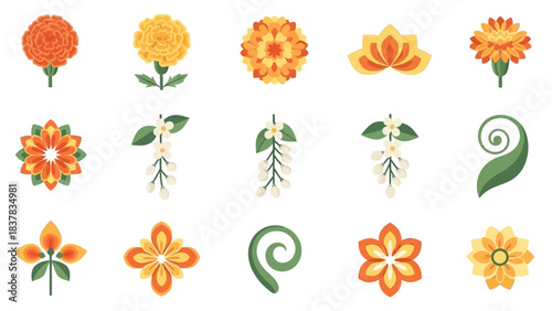 Fifteen stylized flower  foliage designs arranged in 3 rows include marigolds blossoms and verdant leafy flourishes