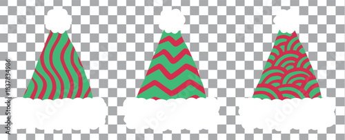 Collage with Santa Claus hats, closeup objects. Santa Hat Illustration