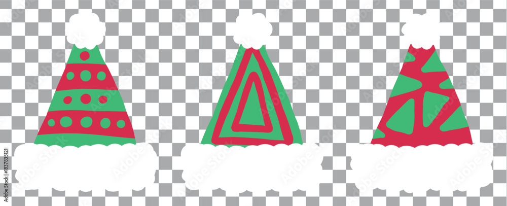 Obraz premium Collage with Santa Claus hats, closeup objects. Santa Hat Illustration