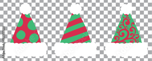 Collage with Santa Claus hats, closeup objects. Santa Hat Illustration