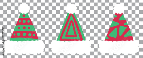 Collage with Santa Claus hats, closeup objects. Santa Hat Illustration