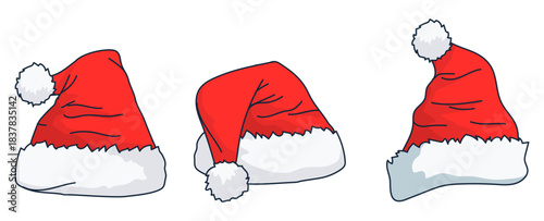 Collage with Santa Claus hats, closeup objects. Santa Hat Illustration