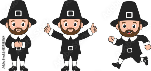 A set of three cute vector illustrations featuring a bearded Pilgrim man character in traditional black attire, depicted standing politely, giving two thumbs up, and running energetically.