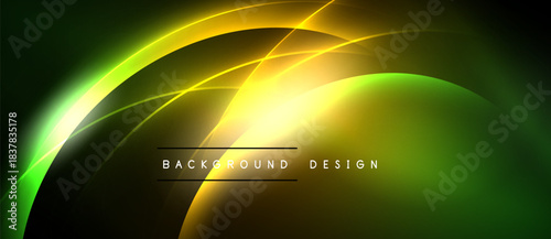 Abstract neon lines create glowing curves, radiating light from central point. Dark background enhances vibrant colors, modern design element.