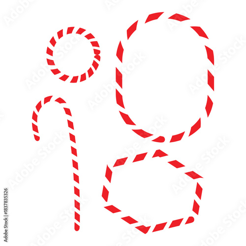 This image features a collection of red and white striped shapes, resembling candy canes. A circular outline, a larger oval outline, a hexagonal outline, and a traditional candy cane shape are all dep