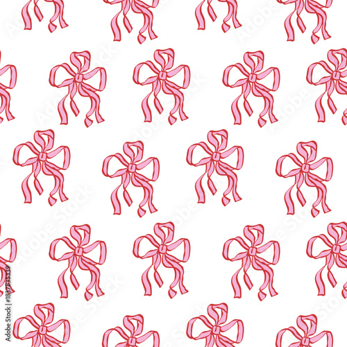 Cute seamless pattern with pink hand drawn bows. Vector background with ribbons . Delicate, feminine, and whimsical design perfect for stationery, packaging, fabrics, wallpapers, and digital projects.