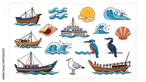 Marine scene boats on waves sun seashells and birds perched on branches against a white background