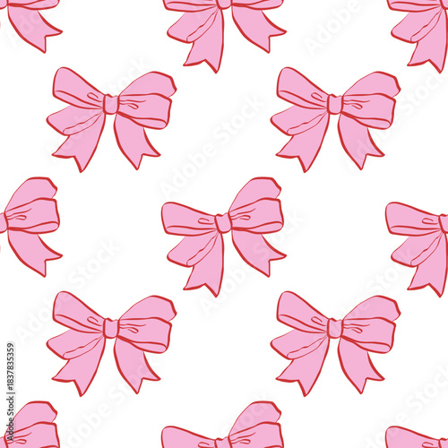 Cute seamless pattern with pink hand drawn bows. Vector background with ribbons . Delicate, feminine, and whimsical design perfect for stationery, packaging, fabrics, wallpapers, and digital projects.