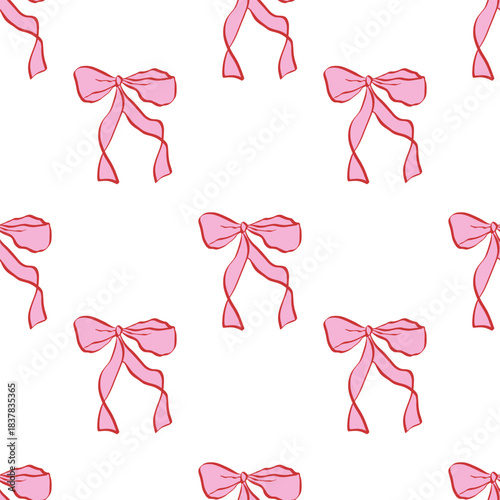Cute seamless pattern with pink hand drawn bows. Vector background with ribbons . Delicate, feminine, and whimsical design perfect for stationery, packaging, fabrics, wallpapers, and digital projects.