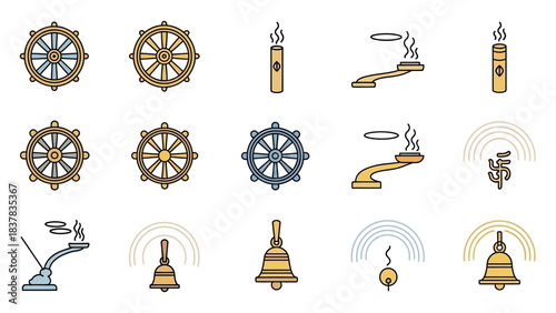 Assorted traditional Buddhist symbols wheels incense burners candles bells and swastika