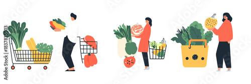 People selecting fresh vegetables and grocery items for shopping cart and basket flat vector illustration healthy eating organic food concept minimal style