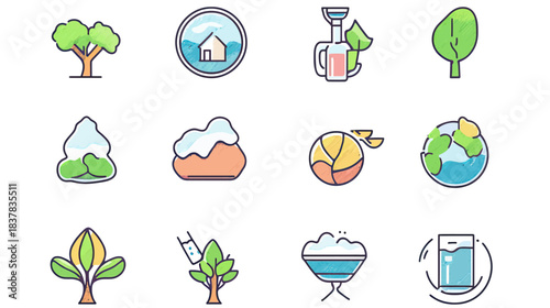 Set of colorful flat minimalist ecological and environmental icons including tree, globe, water glass, plant, mountain, and leaf symbols for sustainability and nature conservation concepts
