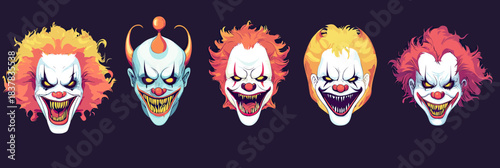 Set of five colorful scary clown faces with evil grins and menacing expressions, Halloween horror circus monsters vector illustration in flat minimalist style