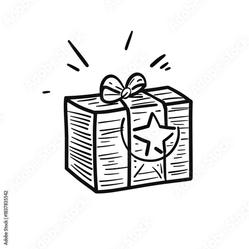Hand drawn gift box with bow and star badge sketch icon for reward bonus points loyalty program concept illustration in flat minimalist vector style