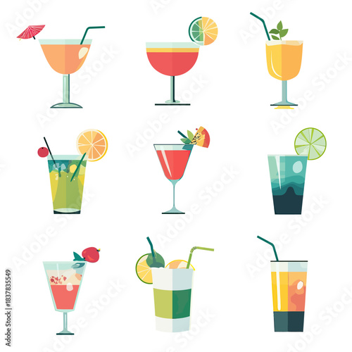 Set nine colorful vector tropical cocktails and mixed drinks in minimalist flat style with fruit garnishes and straws on white background for summer party and bar menu design