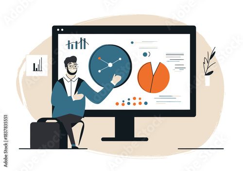 Businessman presenting data and pie charts on large computer screen during online strategy tutorial or business training session in flat vector style illustration