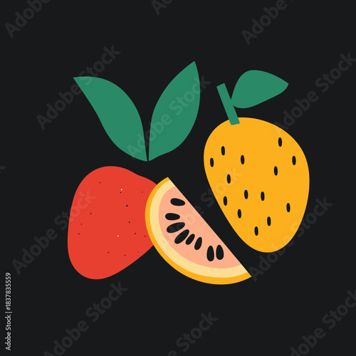 Minimalist flat vector illustration of whole red strawberry, yellow strawberry, and sliced tropical fruit wedge with green leaves on dark background