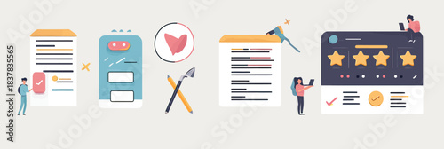 Flat vector illustration of characters interacting with online survey forms, five star ratings, feedback icons, and comment writing in user experience concept