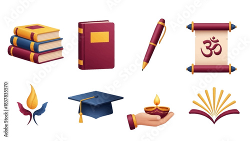 Diverse educational  cultural icons books pen graduation cap  religious symbols