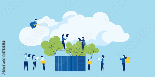 Business team working with cloud computing servers and digital data storage technology concept in flat vector style illustration