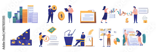 Business people investing in stocks bonds analyzing financial charts capital market trading concepts flat vector illustration set