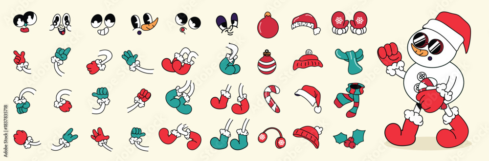 Obraz premium Christmas cartoon character element vector illustration with expressive faces, hands, arms, legs, winter accessories, snowman parts and festive holiday decorations.