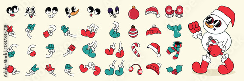 Christmas cartoon character element vector illustration with expressive faces, hands, arms, legs, winter accessories, snowman parts and festive holiday decorations. 
