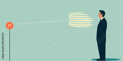 Businessman silhouette aiming dart at target board concept of goal setting achievement and focus in flat minimalist style vector illustration