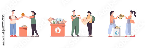 People exchanging money donations and volunteering with donation boxes, coins and banknotes for charity fundraising concept in flat vector style