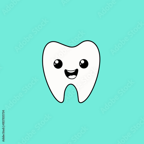 Happy kawaii tooth character with smiling face and rosy cheeks on turquoise background for dental and kids design concept illustration