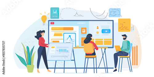 Team collaboration web design process user interface development digital project planning desktop and mobile screen layout presentation illustration flat style vector