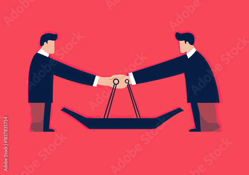 Two businessmen shaking hands while balancing a seesaw scale symbolizing successful negotiation partnership agreement and business deal concept flat vector illustration