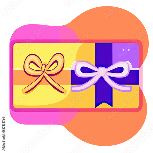 Gift card with colorful ribbons and bows in flat minimalist style on abstract background for discount voucher or prepaid shopping concept illustration