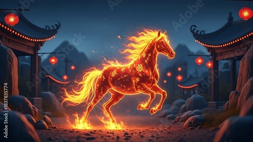 Glowing Fire Horse Running Through a Traditional Chinese Gate at Night