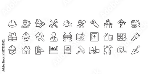 This is a collection of outline icons related to construction and building. The icons depict safety gear like hard hats and vests, various tools such as wrenches, saws, and trowels, architectural 
