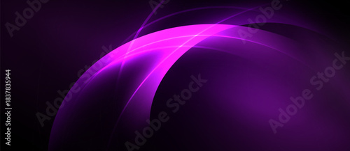 Abstract purple lines create dynamic curves, glowing against dark background. Smooth shapes suggest movement, energy, modern design.