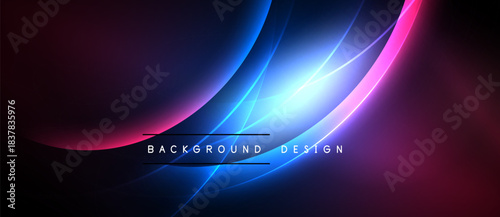 Abstract background features vibrant curves, glowing lines. Dark space contrasts bright pink, blue hues. Modern design element.