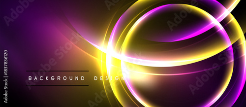 Abstract background features vibrant curves, glowing lines. Purple, yellow hues create dynamic visual effect. Modern design element.