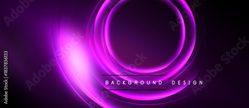 Abstract purple neon circles over black background. Modern design element, vibrant illumination, dynamic composition.