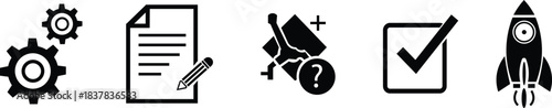 Project development and startup launch icon set. Gear setting, contract document, problem solving, checkmark approval, and rocket ship vector.