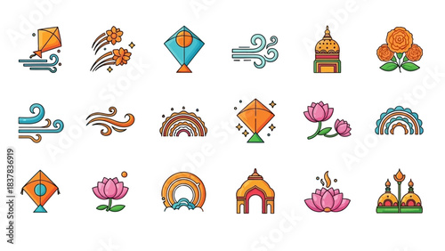 Diverse icons of kites wind flowers buildings and nature symbols in a grid arrangement