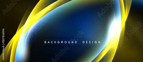 Abstract design features flowing yellow, blue curves. Dark background emphasizes bright central light effect. Modern, dynamic composition.