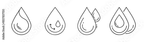 Minimalist vector outline water drop icons for hydration and clean water use