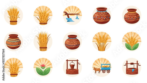 Circular images show wheat pottery well  farming elements in stylized cartoonlike illustrations