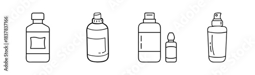 Line art icons of various medicine and cosmetic product bottles and containers
